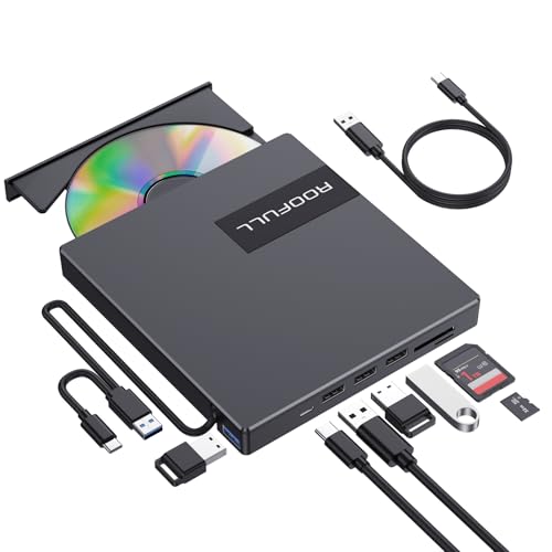 ROOFULL External CD DVD Drive with 4 USB Ports & 2 SD/TF Card Slot (8 in 1) | USB 3.0 Type-C Portable CD DVD Player Burner Reader Writer Optical Disk Drive for Laptop PC MacBook Windows 11/10/7 Linux Mac - style: 8 in 1 Drive