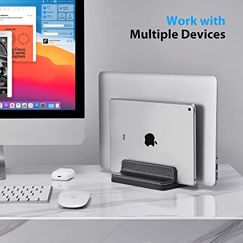 Leather Vertical Laptop Stand,Dual Laptop Holder Stand,Laptop Organizer with Adjustable Dock (18-26mm/0.7-1 in) for All MacBook/Tablet/Surface/Dell/iPad (Black)