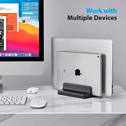 Leather Vertical Laptop Stand,Dual Laptop Holder Stand,Laptop Organizer with Adjustable Dock (18-26mm/0.7-1 in) for All MacBook/Tablet/Surface/Dell/iPad (Black)