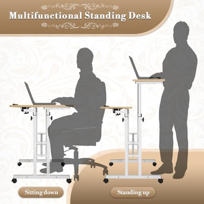 Athena Collection Rolling Standing Desk Small Mobile Table, Natural | 4 Lockable Wheels, Engineered Wood Split Top, Adjustable Height for Home Office Computer Workstation - color: Natural