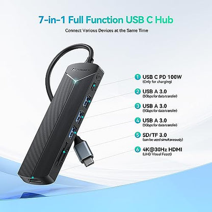 Yottamaster USB-C Hub 7 Ports with SD&TF Card Reader, 4K HDMI Display, Three 5Gbps USB-A Data Ports, 100W PD Input, Powered USB3.0 Hub, USB to HDMI Adapter for PC/Laptop