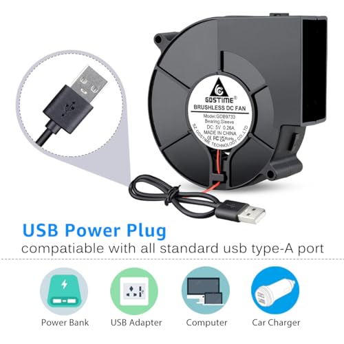 GDSTIME 97mm USB Blower Fan with 3 Speeds Control, 5V Powered 9733 DC Brushless Squirrel Cage Blowers Centrifugal Cooling Fans - size: 97mm x 33mm