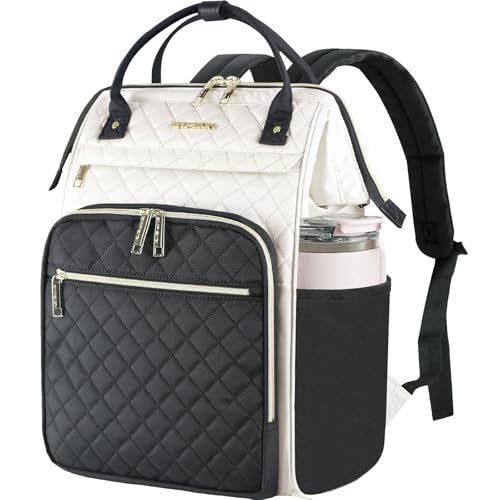 EMPSIGN 17 Inch Laptop Backpack for Women, Beige-Black | Computer Bag, Work Business Travel College, Large Capacity, Water-repellent, Quilted Casual Daypack - color: Beige/Black, size: 17 inch