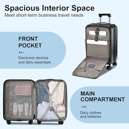 CENSIEN Expandable Carry On Luggage Airline Approved, 20 Inch Lightweight ABS+PC Hard Shell Suitcases with Front Pocket, Spinner Wheels, TSA Lock (Black, 1PC) | Front Opening with Laptop Pocket,Lightweight ABS+PC Hard Shell Suitcases,360° Spinner Wheels,T
