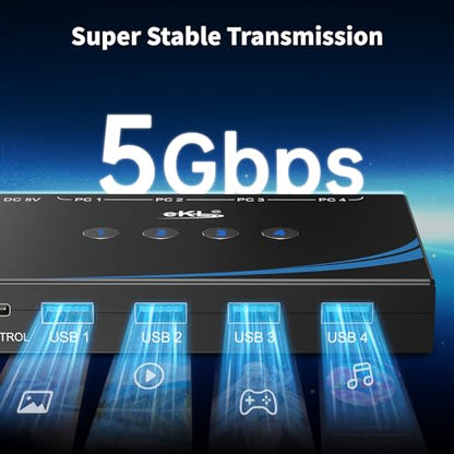eKL USB 3.0 Switch 4 Computers Sharing USB Peripherals, 4 Port USB Switcher Sharing Mouse Keyboard Scanner Printer, with 3.5mm Headset Jack Audio Out, Includes 4 USB 3.0 Cables and Remote - size: USB3.0 4 in 4 out with desktop controller