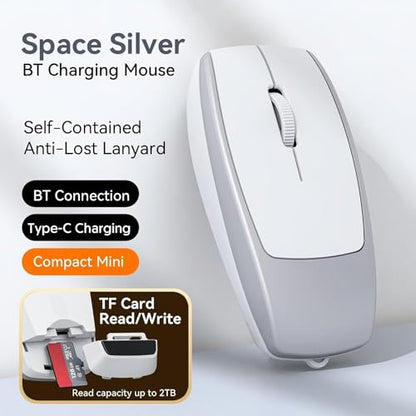 Wireless Mouse Mini Small Bluetooth Finger Mouse with TF Card Reader,Silent Pocket Portable Handheld Tiny Compact USB Travel Optical Mice for PC Laptop Computer Macbook Tablet Kids Women Men Gift - color: Silver