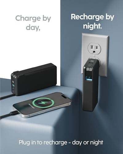 myCharge RetractaCharger 20000mAh Portable Charger Power Bank for Laptops, Phones & Tablets with 28-inch Retractable Dual USB-C Cables | Premium Fabric | Built-in Wall Plug | 30W PD Fast Charging