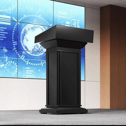 Black Lectern for Churches Wooden Podium Stand Wide Reception Table Pulpit Desk with Storage Floor-Standing Hostess Stand Office
