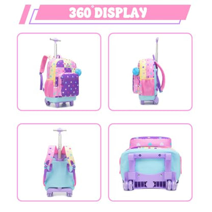 Girls Rolling Backpack with Lunch Box School Backpacks with Wheels 16.5" Roller Backpack for Girls, 3pcs Kids Wheeled Bookbag for Elementary School - color: Duosewujiaoxing