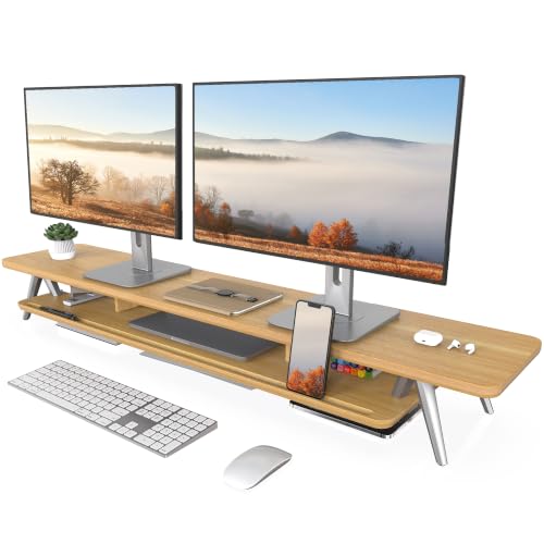 Fenge Dual Monitor Stand Riser, Wooden Desk Shelf with 2-Tier Storage | 47.2-Inch Extra Wide, Sturdy Aluminum Legs, Built-In Phone & Tablet Slot, Desktop Organizer for Office Accessories - color: Dark Oak, size: 47.2 Inch
