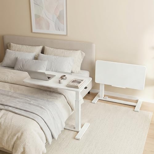 DUMOS Adjustable Rolling Desk, Standing Desks, Overbed Table | Mobile Hidden Wheels, Portable Laptop Computer Workstation, Bed Sofa Couch Use, Milk - color: Milky