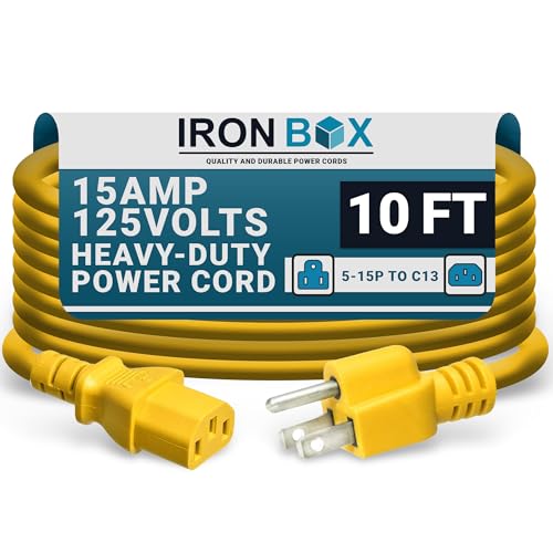 IronBox Electric - Heavy-Duty 5-15P to C13 Power Cord - 3 Prong 15A 125V 14/3 SJT PC Cable - Cord for Computer, Monitor, Subwoofer, Amplifier - Cable for Power Supply - (Yellow 10 Foot) - color: Yellow, size: 10 ft