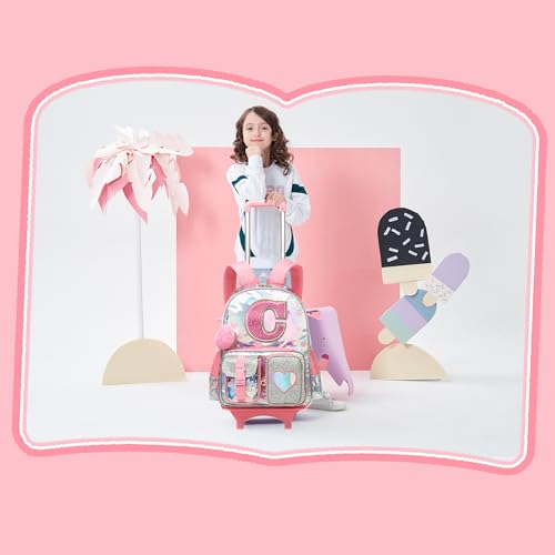 HTgroce Cute Rolling Backpack with Wheel,School Backpack for Kids Girl Roller Schoolbag Wheeled Backpacks Set Carry-on Luggage,Pink L - color: Pink, style: C