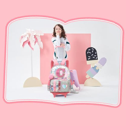 HTgroce Cute Rolling Backpack with Wheel,School Backpack for Kids Girl Roller Schoolbag Wheeled Backpacks Set Carry-on Luggage,Pink L - color: Pink, style: C