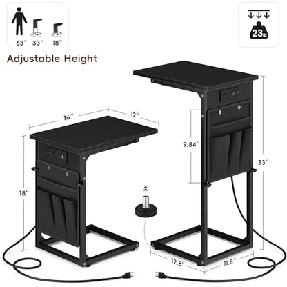 Vagusicc C-Shaped End Tables Set of 2 with Charging Station, 33'' Tall C Table Adjustable Height Side Table, Sofa Table for Couch, Couch Table that Slide Under Sofa, TV Trays for Living Room, Black - color: 2pc Black, style: With Plug