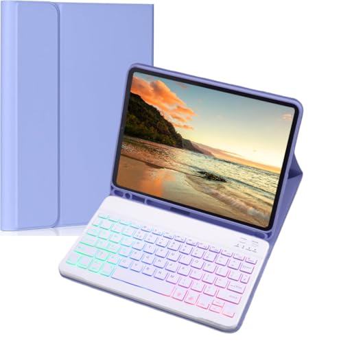 Keyboard Case for Amazon Fire HD 10/10 Plus 10.1 inch 2021/2023(11/13th Generation), Slim 7 Color Rainbow Backlight Detachable Magnetic Keyboard Cover with Pencil Holder (Purple+White) - color: Purple+White