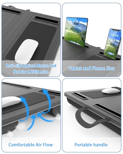 Laptop Lap Desk, Portable Large Laptop Desk for Bed, Up to 17 in Laptop Table with Wrist Rest, Mouse Pad, Tablet Phone Slot, Portable Handle, Laptop Lap Table with Cushion (Black and Light Brown)