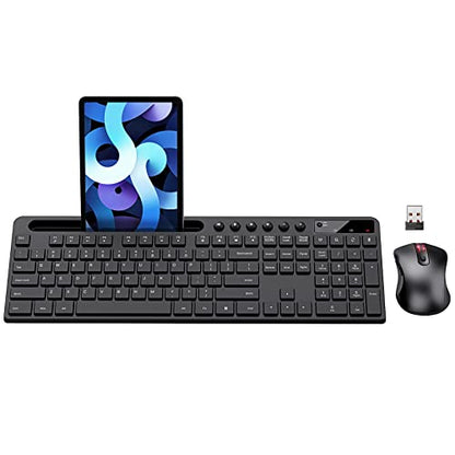 Wireless Keyboard and Mouse Combo, MARVO 2.4G Ergonomic Wireless Computer Keyboard with Phone Tablet Holder, Silent Mouse with 6 Button, Compatible with MacBook, Windows (Black) - color: Black