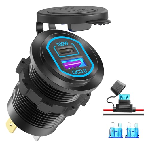 12 Volt USB C Outlet PD 100W Car USB Port for Laptop and QC3.0 18W Car Charger Socket Aluminum Alloy, Fast Charging Cigarette Lighter Replacement DIY Accessary for RV MarineTruck Boat Golf