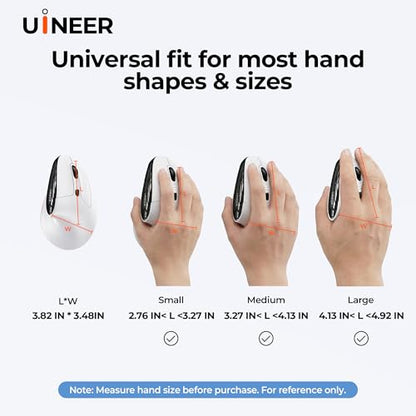 Uineer Ergonomic Wireless Vertical Mouse, 3-Mode Bluetooth 5.0/4.0 & 2.4GHz | Rechargeable, USB-A Receiver, Silent Computer Mouse for Laptop, Mac, iPad and PC, 4 DPI Levels, LED Light, 3-Device Switching