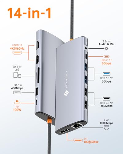 NOVOO 14 in 1 Docking Station Dual Monitor with Thunderbolt 3 to 4K HDMI | Laptop Docing Station with Dual 4K60 HDMI+8K30 DP, USB C/A Data. 100W PD RJ45 SD/TF Audio - style: 14-in-1