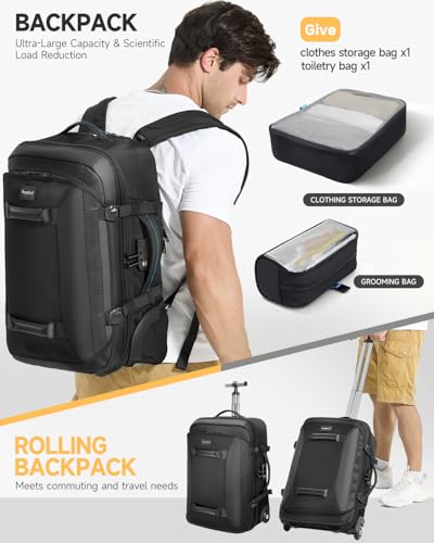 Rolling Backpack with Wheels, 50L Carry On Laptop Backpack for Travel & Business, Includes 2 Storage Bags, TSA Lock, Water-Resistant – Ideal for Men, Women, Work, Commute & Airline Use - color: Black-516