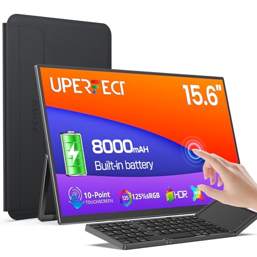 UPERFECT 15.6'' 1080P Touchscreen Portable Monitor with Battery 8000mAh | 125% sRGB Travel Monitor with Bluetooth Keyboard, Kickstand, Bag, VESA, Ultra-Slim External Screen for Laptop, PC, Phone - size: 15.6-inch