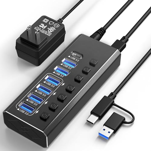 Powered USB Hub 3.2, Leinsis 7-Port USB 3.0 Hub [Durable Aluminum] 7 Data Transfer Ports+ 4 Smart Charging Ports with Individual On/Off Switches, USB Hub 3.0 Powered with Power Adapter for Laptop PC
