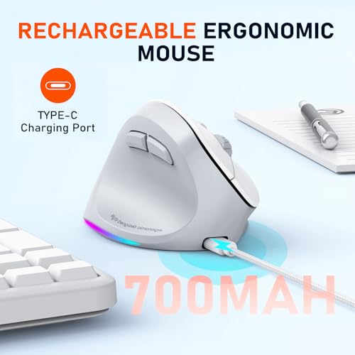 MEETION Left-Handed Wireless Ergonomic Vertical Mouse, Rechargeable - Gray | Dual Bluetooth 5.2/3.0 + USB, RGB lighting, 4 adjustable DPI, compatible with Windows, Mac, PC, iPad and tablets - color: Left Gray White