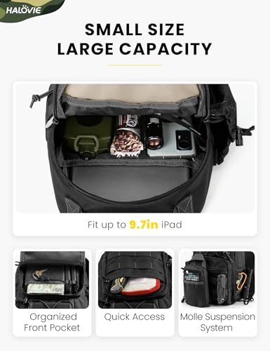 HALOVIE Anti-theft Tactical Sling Bag RFID Black Military Shoulder Bag with Phone Pack EDC Molle Crossbody Bag for men - color: Black