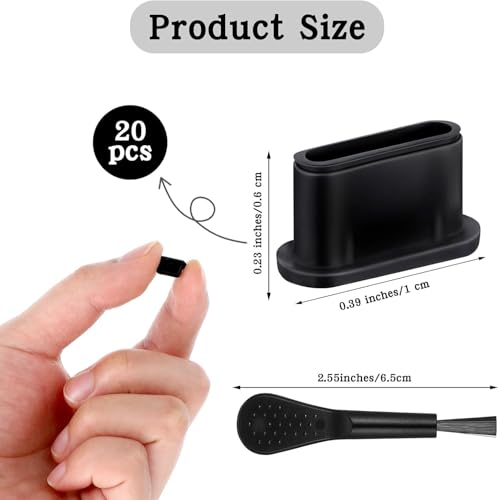 USB C Plug Cover Dust Plug, Black, Silicone, 20 Pcs | Type C Port Protection Cap, With Plastic Cleaning Brush, For Most Type C Mobile Phone Tablet, Anti Dust
