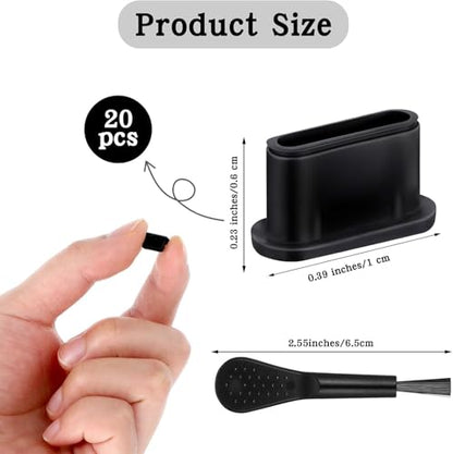 USB C Plug Cover Dust Plug, Black, Silicone, 20 Pcs | Type C Port Protection Cap, With Plastic Cleaning Brush, For Most Type C Mobile Phone Tablet, Anti Dust