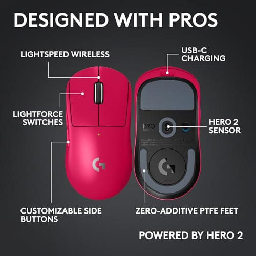 Logitech Pro X Superlight 2c Wireless Gaming Mouse 51g Compact - Magenta | 51g compact mini size, symmetrical shape, <8 kHz polling, 44K DPI, PowerPlay charging, USB-C, for PC/Mac - color: Magenta, size: Compact, style: Mouse
