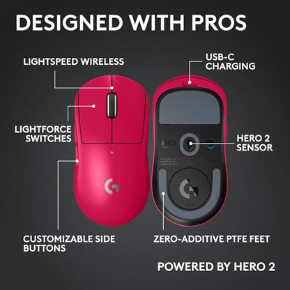 Logitech Pro X Superlight 2c Wireless Gaming Mouse 51g Compact - Magenta | 51g compact mini size, symmetrical shape, <8 kHz polling, 44K DPI, PowerPlay charging, USB-C, for PC/Mac - color: Magenta, size: Compact, style: Mouse