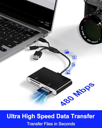 Memory Stick Pro Duo Card Reader, 4 in 1 SD/TF/MS/XD Card Reader with L-ightning+USB A+USB C, Multi Card Reader Support OTG, Fast Data Transfer, Memory Stick Reader for i-Phone/Android/PC