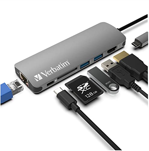 Verbatim 6-in-1 USB C Hub w/Dongle - USB Hub for Laptop w/ 2 USB 3.0, SD Card Reader, 4K HDMI, Ethernet, Compact & Portable USB-C Hub - color: 6 in 1 Hub Dongle