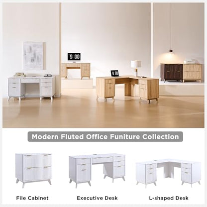 T4TREAM Fluted Executive Desk with Drawers, 60" Modern Home Office Computer Desk with Charging Station, File Cabinet, Keyboard Tray and Storage Cabinet for Study, Living Room, Bedroom, Solid White - color: Solid White