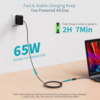 Charger for Lenovo Laptop 65W, Lengthened Power Cord, Round Tip AC Adapter Compatible with IdeaPad 1/3/5, Slim 3/5/7, Flex 5 (14/15/16), V14/V15/V17, S145, S340, 320/330 Series for Home Office Travel