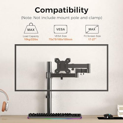 suptek Single Monitor Arm, Universal 3 Tier Arm Fully Adjustable Pole Mount Bracket Monitor Mounting for 13 to 27 inch Screen, Weight up to 22lbs, Mounting Holes 75x75mm to 100x100mm,Black - size: 3 Tier Monitor Arm