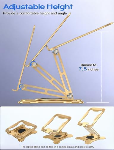JCZT 360° Rotating Laptop Stand for Desk, Metal Foldable Laptop Riser Gold | Ergonomic Portable Adjustable Laptop Stand, Ventilated Cooling Notebook Holder for MacBook Air Pro, All 10-16'' Laptops - color: Gold