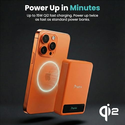 BMX 10K Semi-Solid Power Bank, 10000mAh (Orange) | Semi-Solid State safety; 10,000mAh MagSafe-compatible Qi2 15W for iPhone 17/16/15/14/13/12; 30W dual USB-C; full-color LCD