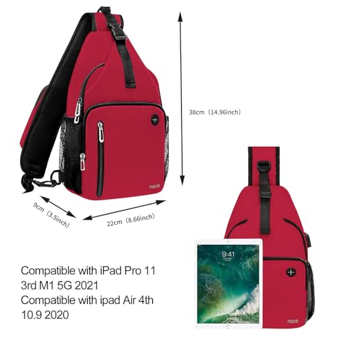 MOSISO Sling Backpack Bag, Crossbody Shoulder Bag Travel Hiking Daypack Chest Bag with Front Square Pocket&USB Charging Port - color: Red