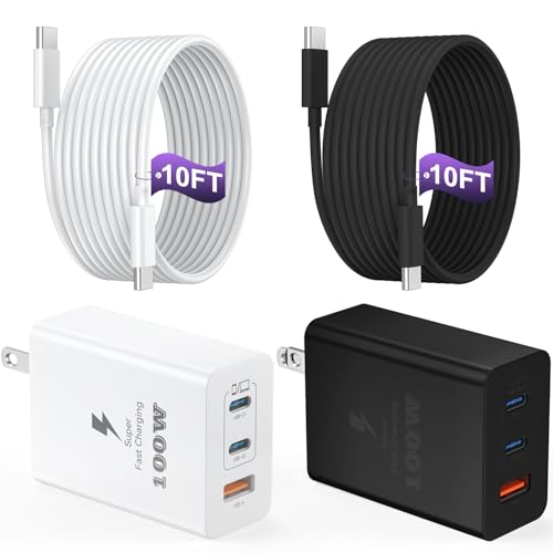 USB C Charger Block 100W, 3-Port GaN Super Fast Phone Charger, Type C 65W Laptop Chargers with 10ft USB C Charging Cable for MacBook Pro/Air,iPad Pro, iPhone 17/16/15Pro, S26 Ultra/S25/S24-Black+White - color: White+Black