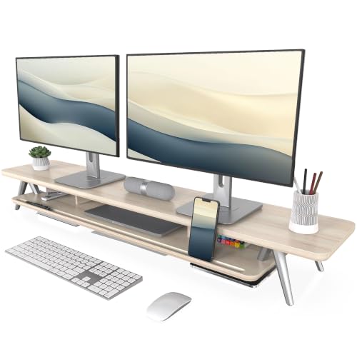 Fenge Dual Monitor Stand Riser, Wooden Desk Shelf with 2-Tier Storage | 47.2-Inch Extra Wide, Sturdy Aluminum Legs, Built-In Phone & Tablet Slot, Desktop Organizer for Office Accessories - color: Oak, size: 47.2 Inch
