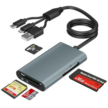 4-in-1 Multi Memory Card Reader for SD/Micro SD/MS/xD-Picture-Cards, Memory Stick Pro Duo Adapter with Lightning/USB-C/USB-A Connectors, Sony Cybershot Card Reader for iPhone 17/16/15/14/Android/PC