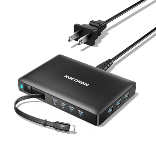 560W USB C Charger Block, Rocoren 8-Port Ultra-Thin USB C Charging Station with Retractable Cable, 100W PD Fast USB Charger Station Hub for MacBook Pro/Air, iPad, iPhone 17/16/15, Samsung