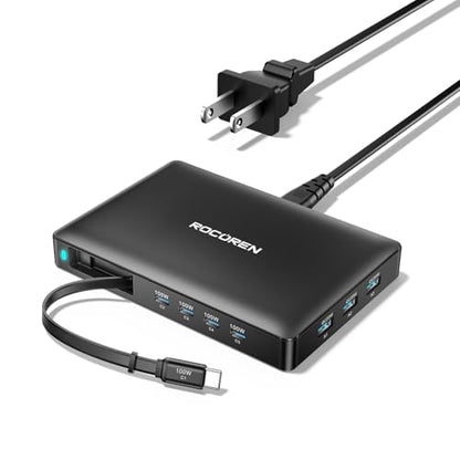 560W USB C Charger Block, Rocoren 8-Port Ultra-Thin USB C Charging Station with Retractable Cable, 100W PD Fast USB Charger Station Hub for MacBook Pro/Air, iPad, iPhone 17/16/15, Samsung