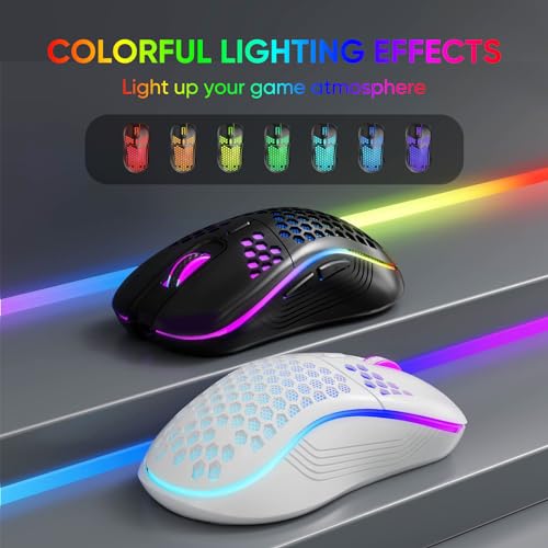 MELOGAGA Wireless Gaming Mouse RGB Rechargeable Lightweight Honeycomb White | 7-Color LED Light, 4 DPI Levels, USB-C Recharge & Stable 2.4G Wireless for PC Mac Laptop Desktop Computers - color: Wireless_White