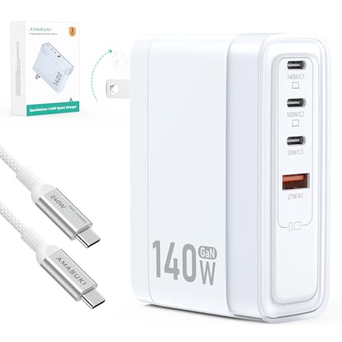 SparkleCore 140W USB C Charger,4-Port 100W Fast Charging Block PD3.1 GaN Cruise Essentials 2026 Travel for Apple MacBook,Laptop,iPhone 17/16 Series,iPad Pro,Samsung,Anker Laptop Power Bank,6.6ft Cable