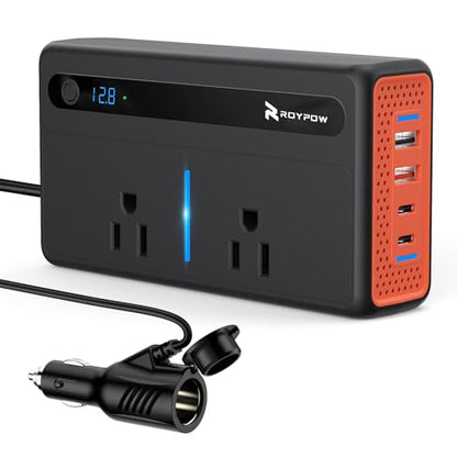 RoyPow 300W Car Power Inverter, DC 12V to 110V AC Power Inverter with Cigarette Lighter Port, Car Plug Adapter Outlet with 3.4A USB-A, QC3.0 24W, PD 30W, PD 36W, Dual AC Outlets, Car Charger Adapter